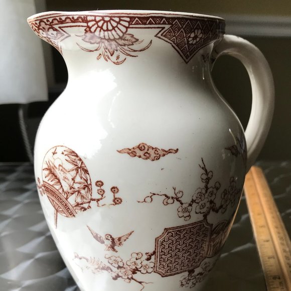 Rare 1800s FURNIVAL Fan & Bird Pattern Pitcher - Picture 6 of 10